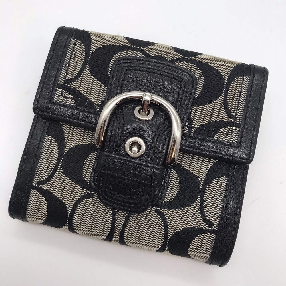 Vintage Coach Black Leather Jacquard Signature Monogram Snap Wallet with Buckle